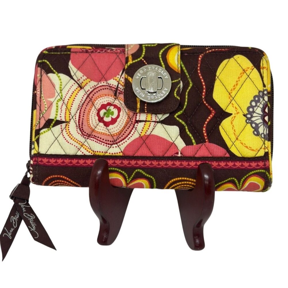 Vera Bradley Quilted‎ Floral Wallet Wristlet Clutch Brown Pink Yellow 7.5"x4.25"